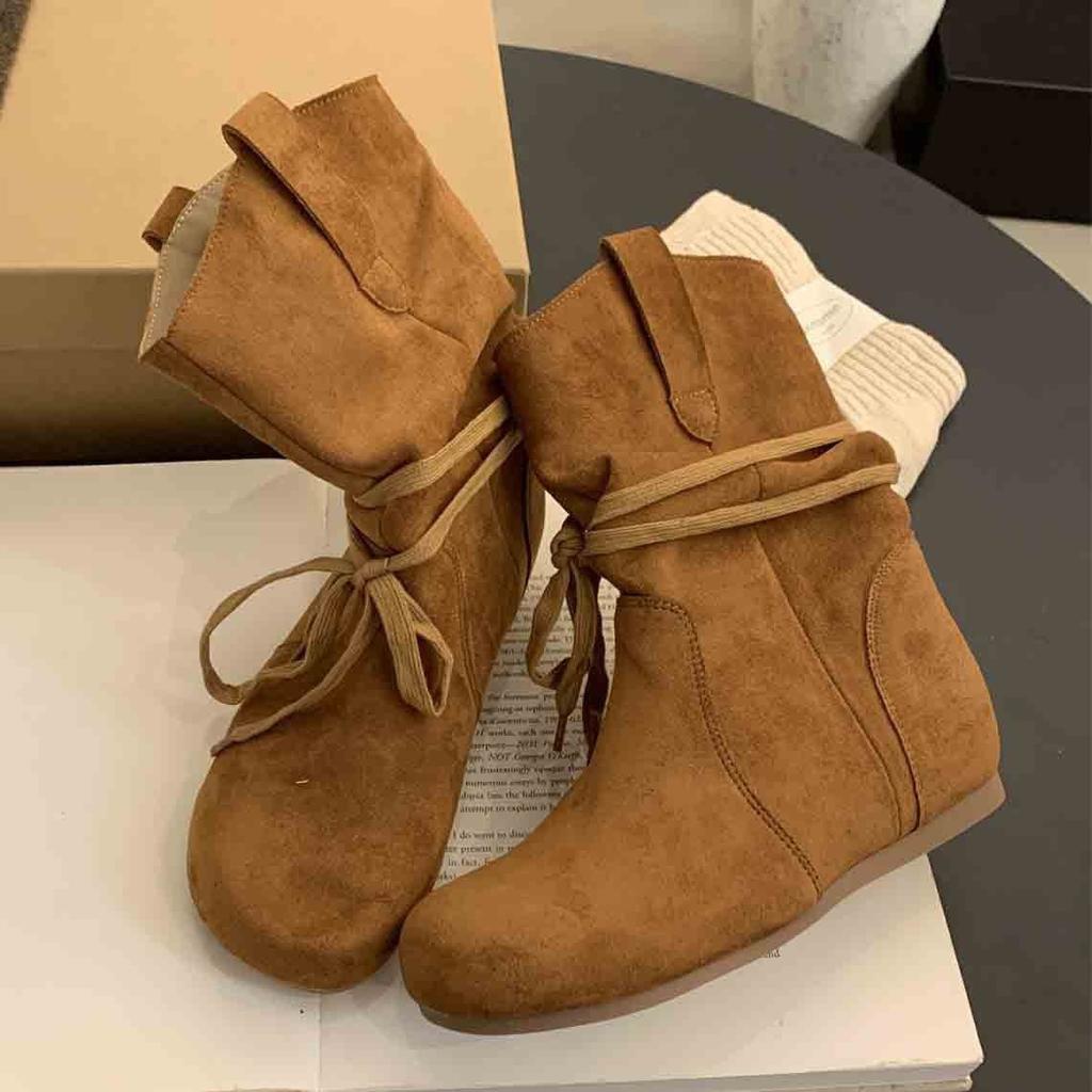 Retro Height Increasing Short Boots for Women Autumn Winter 2025 Round Toe Lace Up Thick Soled Modern Boots Western Cowboy Botas