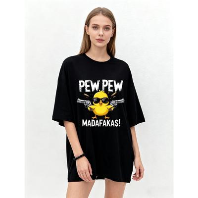 Übergroßes T-Shirt Schwarz Küken mit Waffen Pew Pew MadaFakas Aufdruck Lässig Streetwear Mode Unisex Oberteil für Männer Frauen Alltagskleidung Party-Outfit
