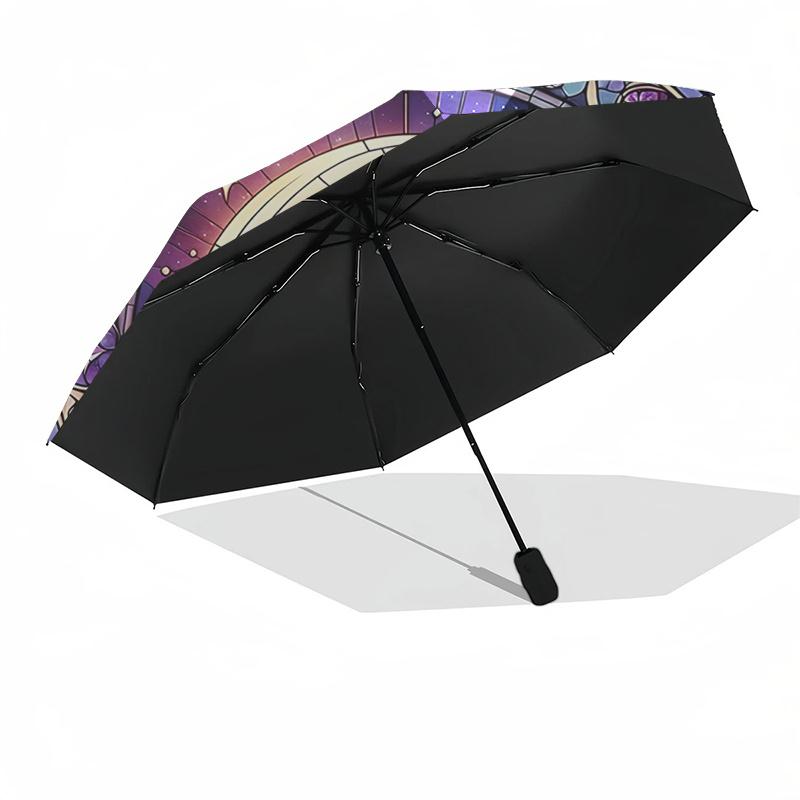 Buntglas-Katzenmond-Fensterpaneel - Automatischer Öffnungsregenschirm, Tragbares faltbares Design, 8-Speichen-Eisenrahmen Outdoor-Regenschirm, Festivalgeschenk für F