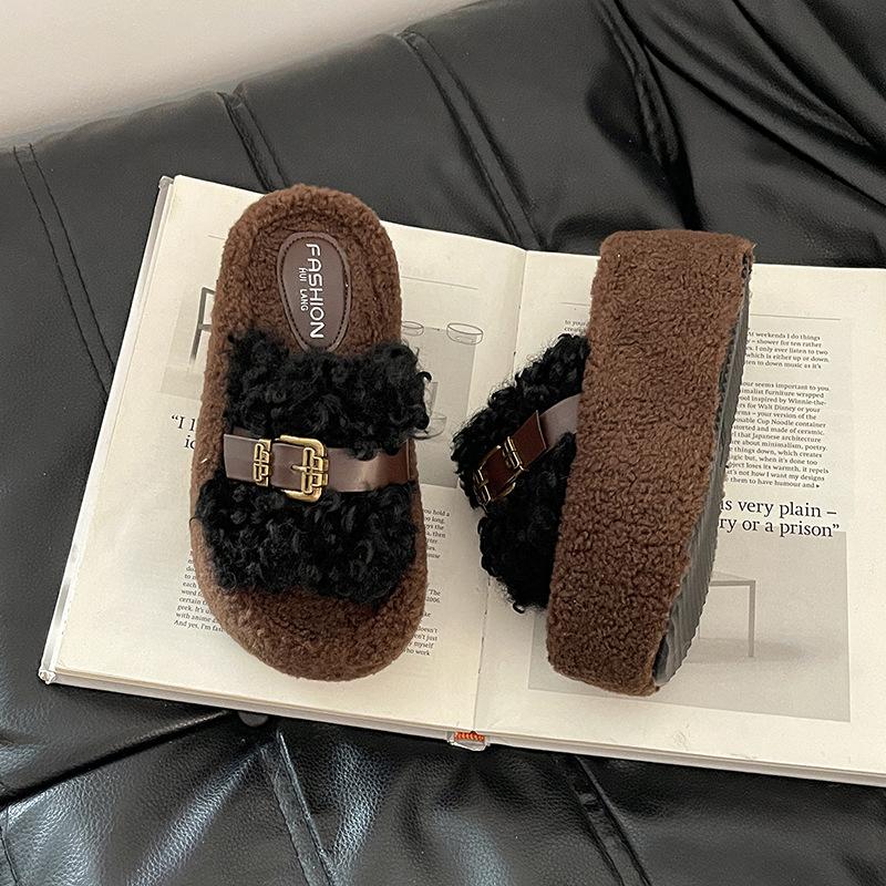 Piaohong retro style thick bottom heightening exquisite belt buckle Mao Mao slippers women's 2025 autumn and winter new one-word cotton slippers