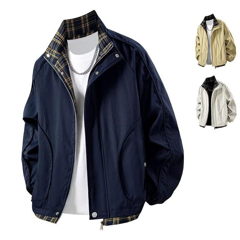 Mens Plaid Stand Collar Casual Jacket Slim Fit High Grade Outerwear