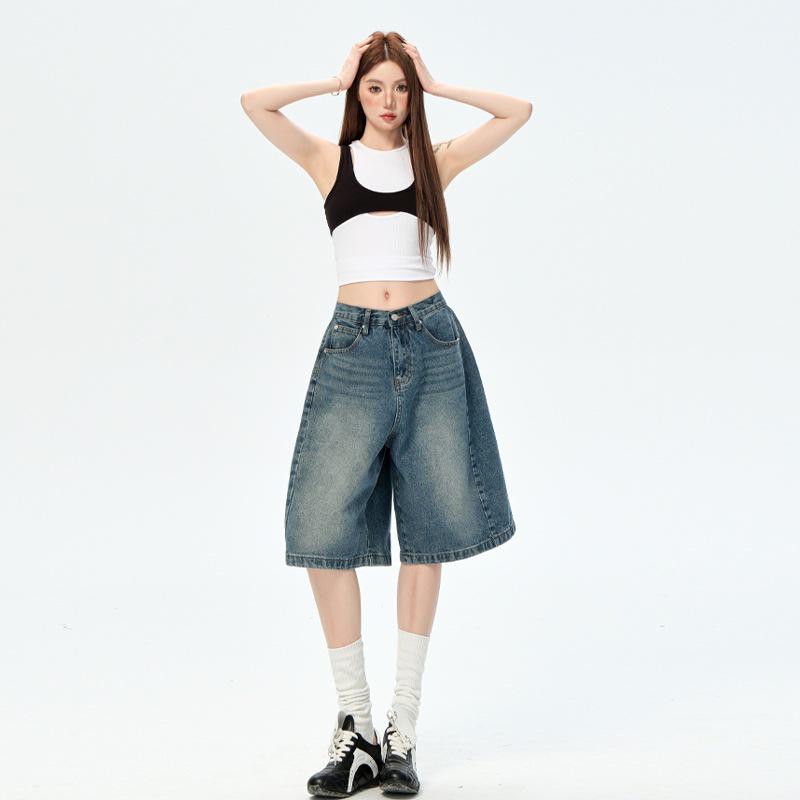 

American Retro Women s Denim Five-Point Shorts, 2026 Spring/Summer Collection - Loose, Wide-Leg, Versatile Mid-Length Pants for a Relaxed Fit. L