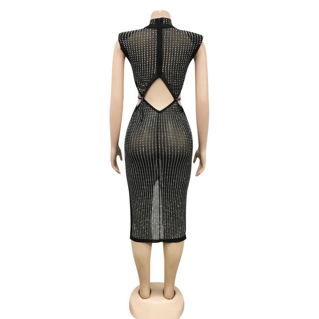 Damen Sexy Netz Durchsichtig Heißer Strass Hohl Schlitz Kleid C5796