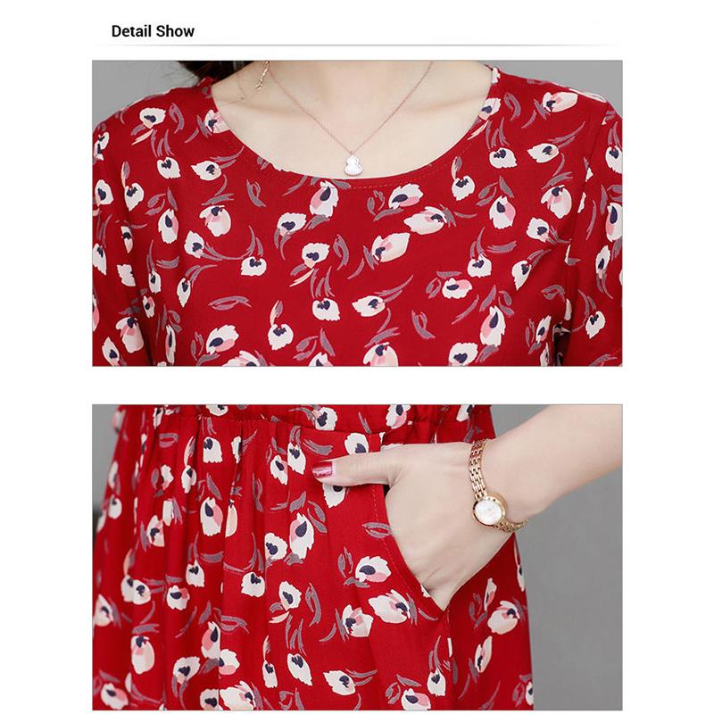 Sommerliches mittellanges, bedrucktes, florales Overknee-Kleid in Übergröße, Rundhalsausschnitt, kurze Ärmel, elastische Taille