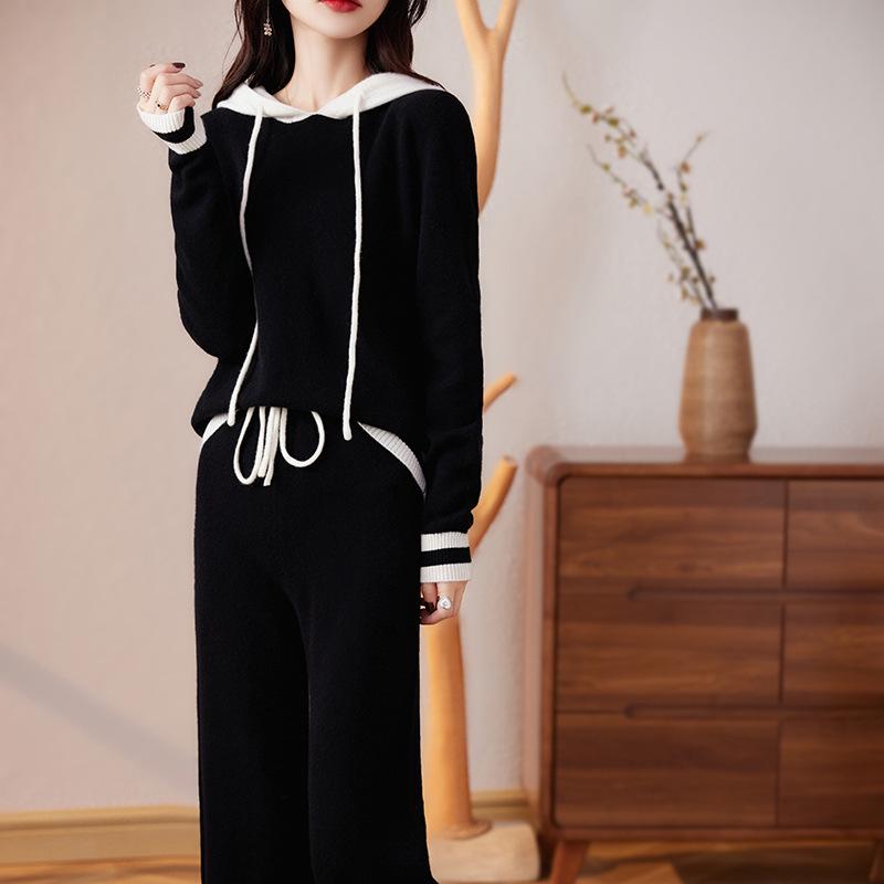 Women's Casual Color Block Hooded Wool Knit Sweatshirt & Long Pants Set - New Autumn Slimming Versatile Two-Piece