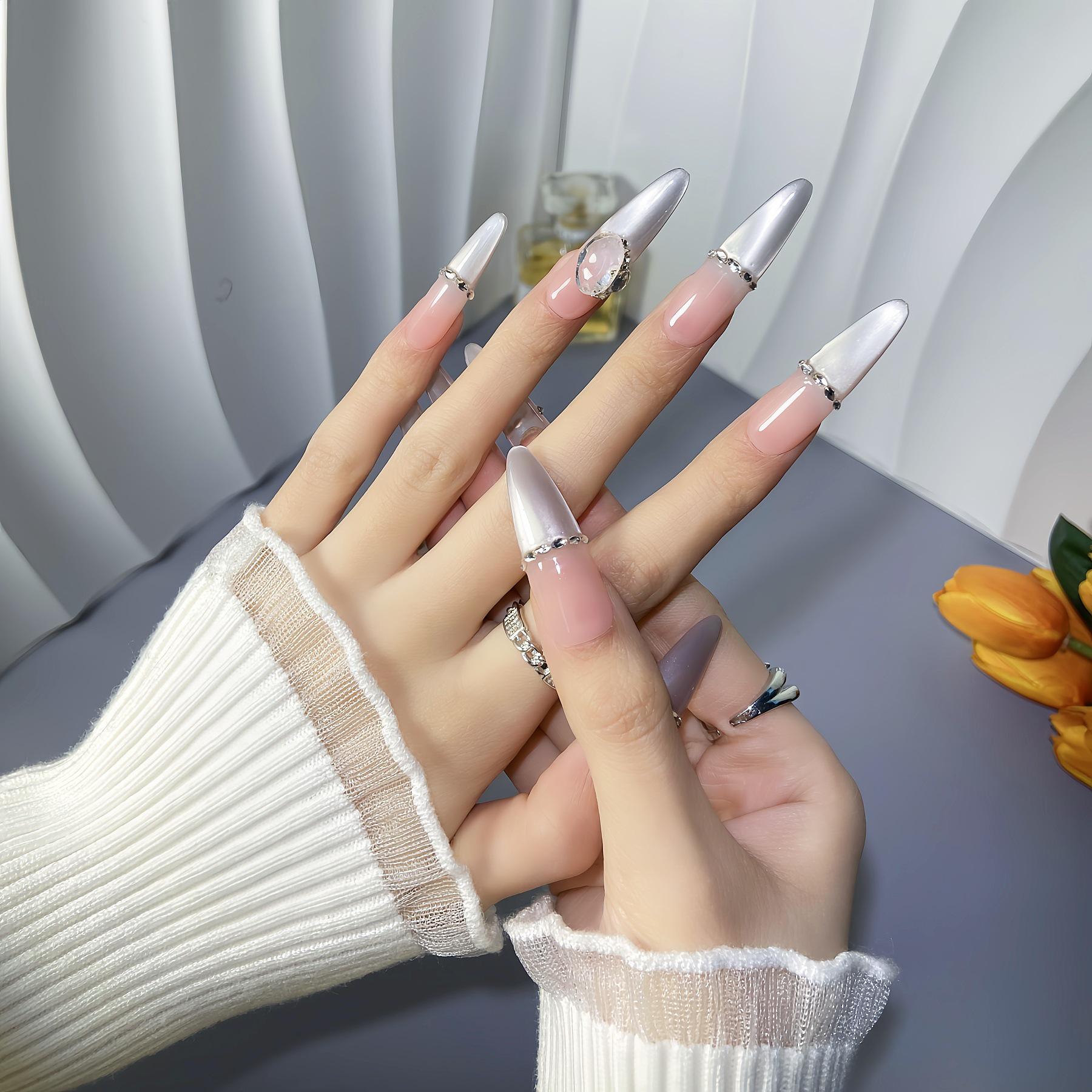 Exquisite Cat Eye French Manicure Stickers with Rhinestones - Handmade Nail Tips