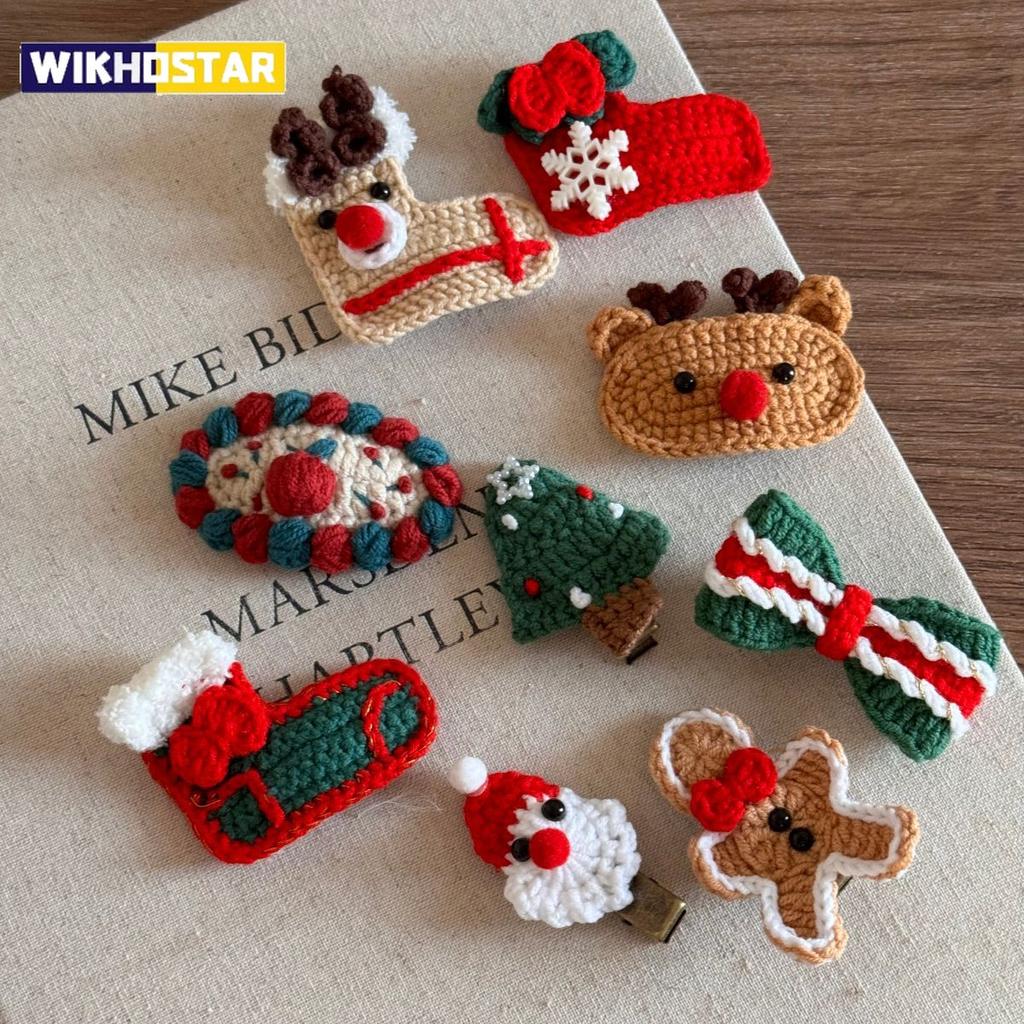 Niedliche Häkel-Haarschleife Weihnachts-Haarspangen Gestrickte Haarnadeln Weihnachtsmann-Haarspangen Schnabelklemme Haarspangen Mädchen-Haarschmuck
