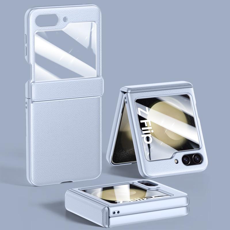 For Galaxy Flip5 5G Luxury Leather Tempered Glass Film Case for Samsung Galaxy Z Flip 5 Flip5 Hinge Protection Cover Capa