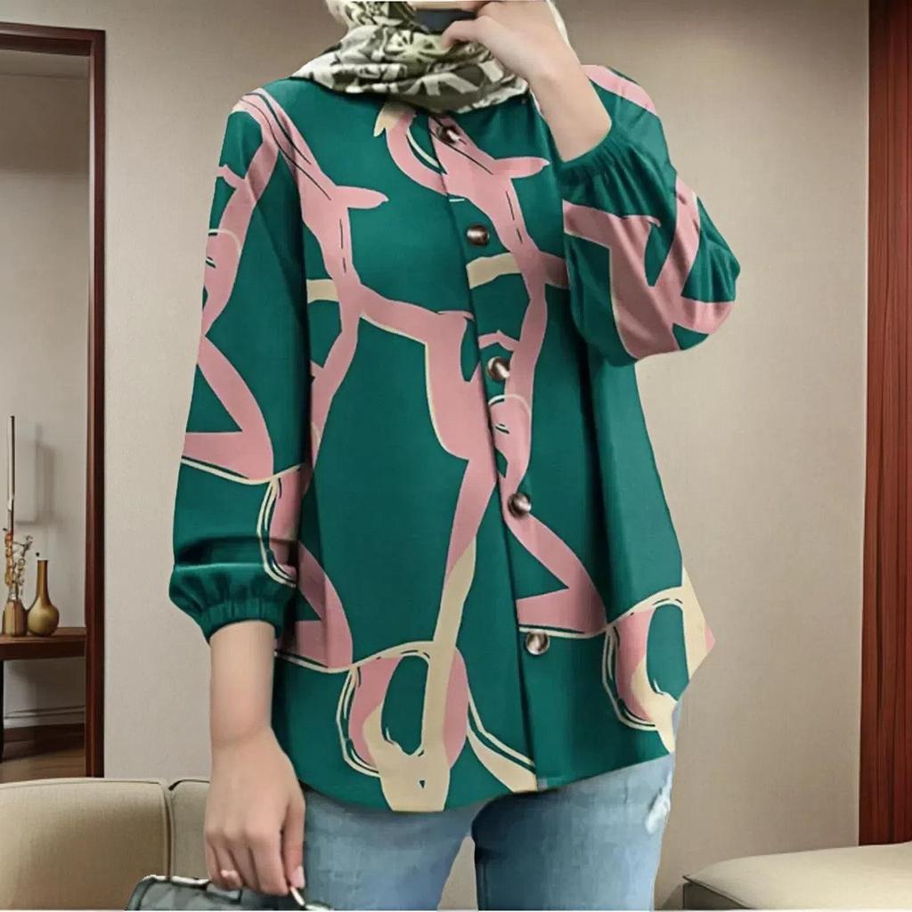 Nueva Camisa de Botones Estampada de Manga Abullonada Holgada Talla Grande para Mujer