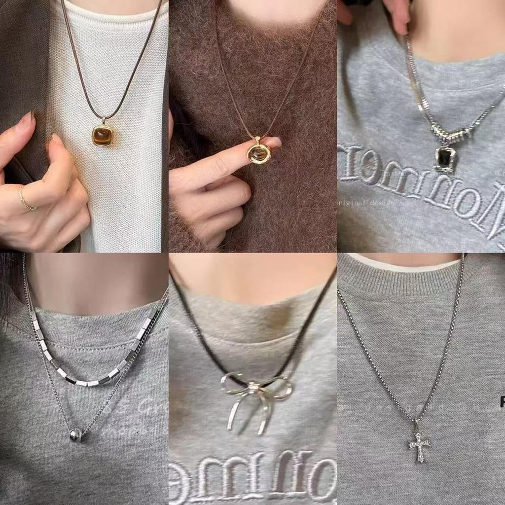 Autumn and Winter Tiger's Eye Stone Leather Rope Pull Necklace Female Merad Yadan Long Sweater Chain Simple and Fashionable Collarbone Chain