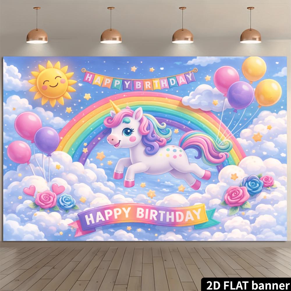 2D flat unicorn birthday party banner background  rainbow sun element  cloud blue sky design  unicorn leaping over rainbow shape
