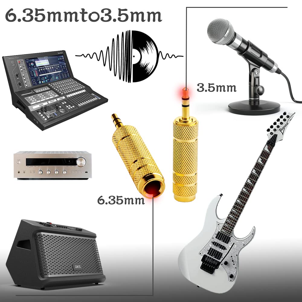 Headphone Jack Stereo Mini Plug to to Amplifier Compatible with Adapter, 6.35mm 3.5mm, 3.5mm 6.35mm Female-to-Male Adapter, Gold-Plated Connector,