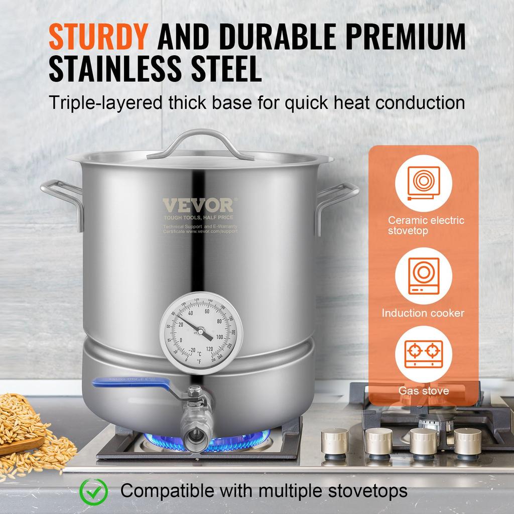 VEVOR Stainless Steel Kettle, 18.9 L Brewing Pot, Tri Ply Bottom for Beer, Brew Kettle Pot, Home Brewing Supplies Includes Lid, Handle, Thermometer