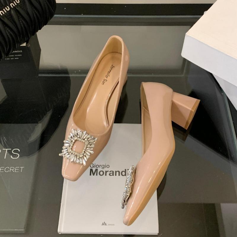 French Thick Heel High-end Rhinestone Shallow Mouth Single Shoes Women's Shoes 2025 New Square Head Temperament Celebrity High Heels Women