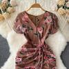Chic Drawstring Bodycon Short Sleeve Vneck Dress Wrap Dresse Fashion Vestidos Women Vintage Spring and Autumn Trumpet Dress