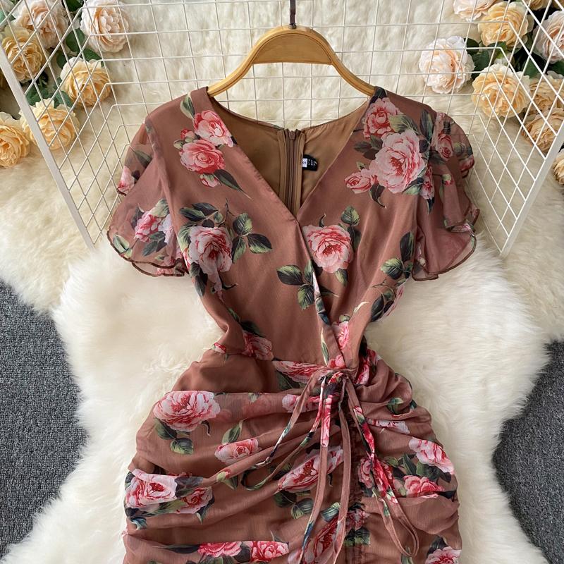 Chic Drawstring Bodycon Short Sleeve Vneck Dress Wrap Dresse Fashion Vestidos Women Vintage Spring and Autumn Trumpet Dress