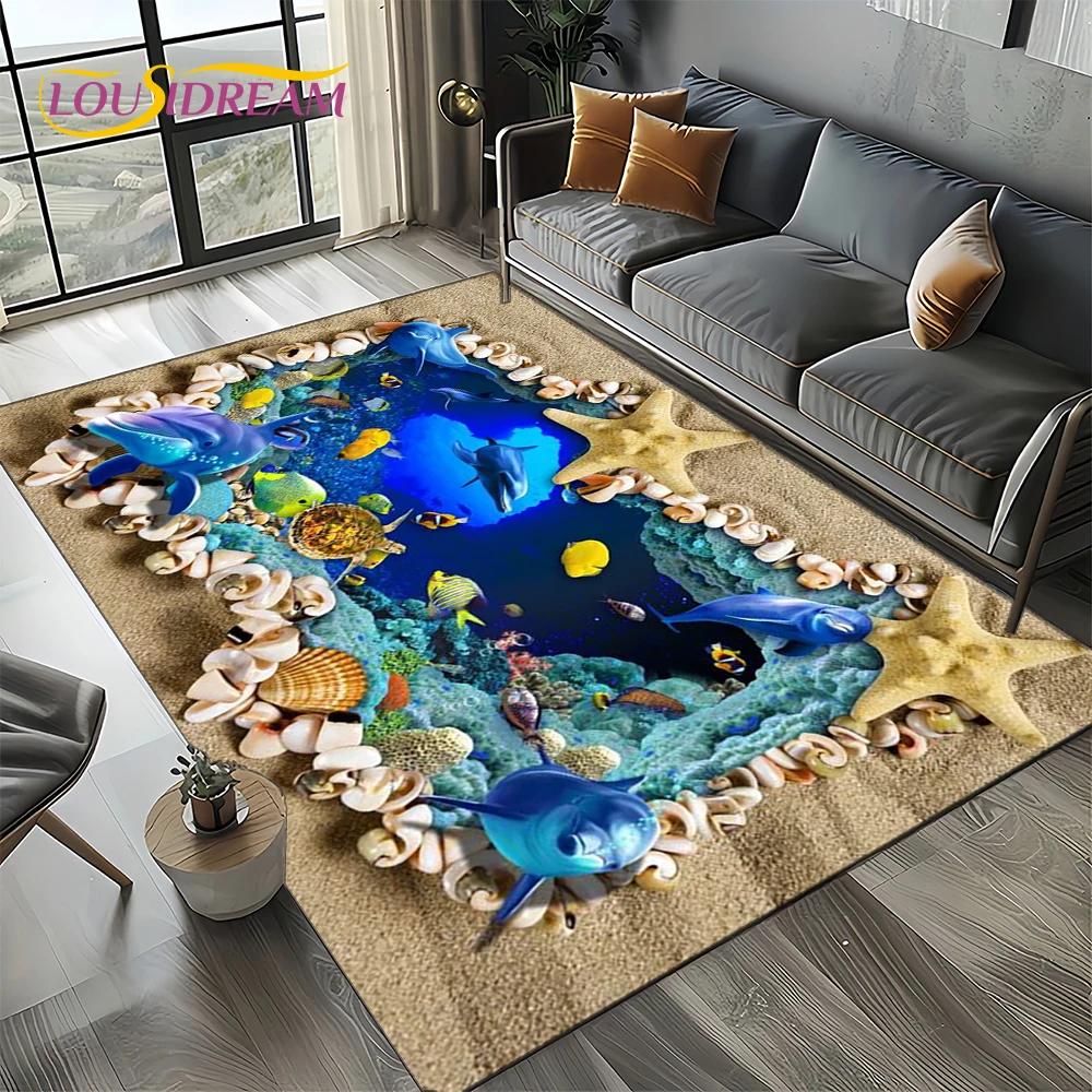 Underwater World 3D Illusion Seabed Cartoon Shark Dolphin Carpet Rug for Living Room Bedroom Home Sofa Decoration,Floor Mat Kid