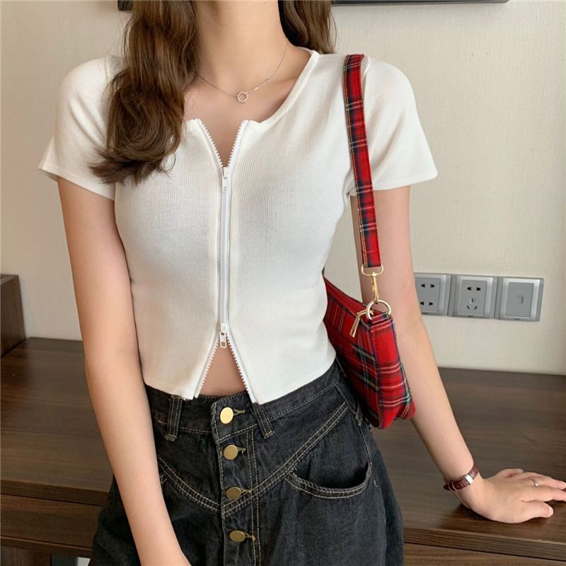 Pletené tričko s krátkým rukávem, dámské léto, bílé, dvojitý zip, tenký kardigan slim fit triko, krátký top