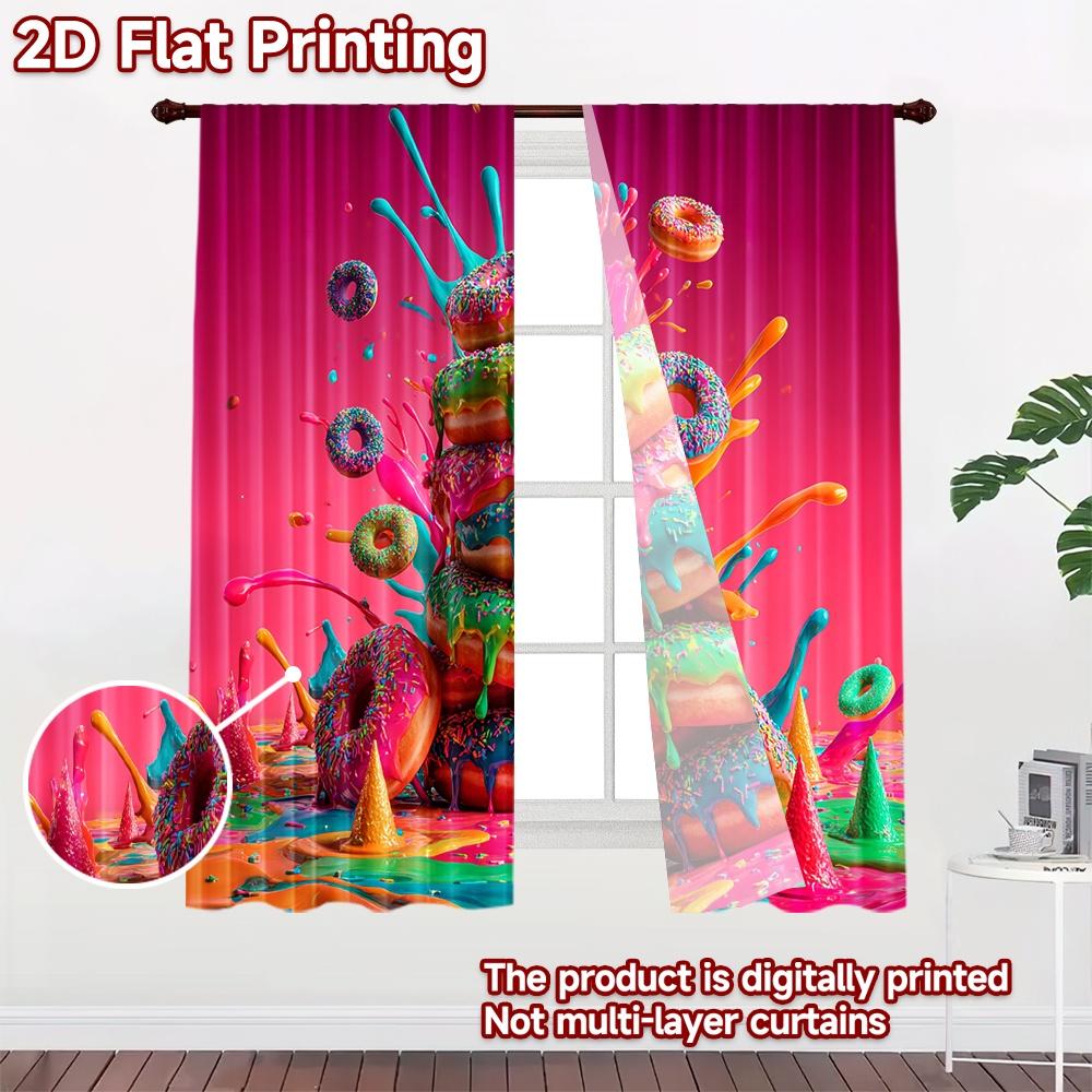 2D flat printing 2pcs Party Window Curtains Colorful Doughnut Splash Party Digital Printed Polyester Drapes Seasonal Party &