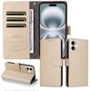 (iPhone 16, Creamy White) For iPhone 16 Case RFID Blocking 3 Card Slots PU Leather Phone Cover with Wrist Strap