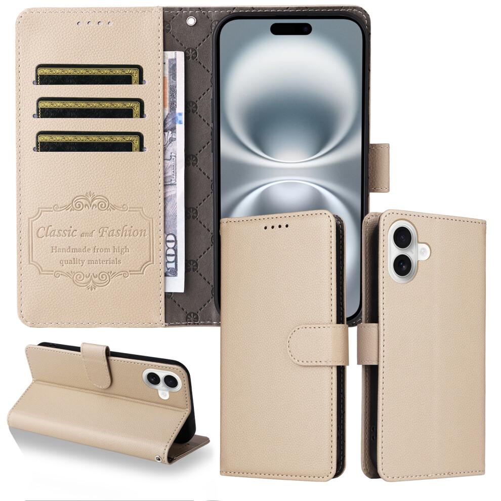 (iPhone 16, Creamy White) For iPhone 16 Case RFID Blocking 3 Card Slots PU Leather Phone Cover with Wrist Strap