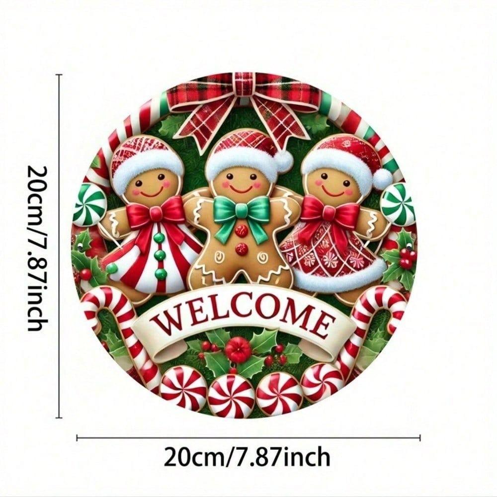 Festive Gingerbread Man Metal Wall Art, Christmas Round Sign for Home Kitchen Porch Decoration, 2D Flat Holiday Gingerbread Cookie Decor