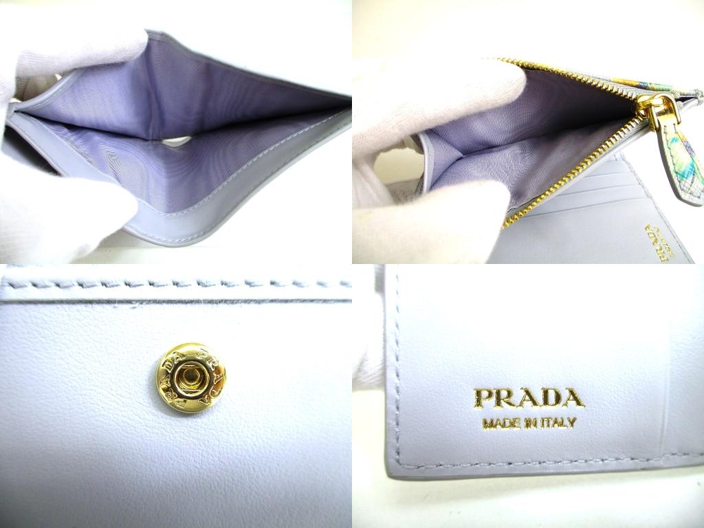 Authentic PRADA Light Blue Leather Flower Motif Bifold Wallet Compact Wallet #b268  Open box