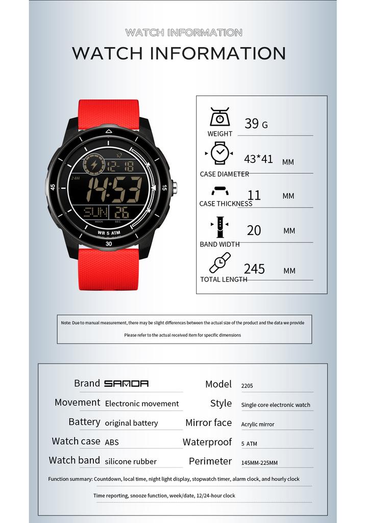 SANDA New 2205 Fashion Student Electronic Watch Countdown Multi Functional Sports Waterproof LED Electronic Digital Watch