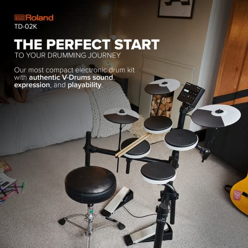 Roland TD-02K V-drums Electronic Drums, Entry-Level Model, Compact, Bluetooth Connectivity, Beginner-Friendly, Pad Upgrades Available