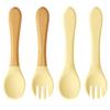 Color Kids 4PCS Silicone Baby Feeding Spoon Fork Set BPA Free Wood Handle Training Utensils For Infants Newborn Accessories