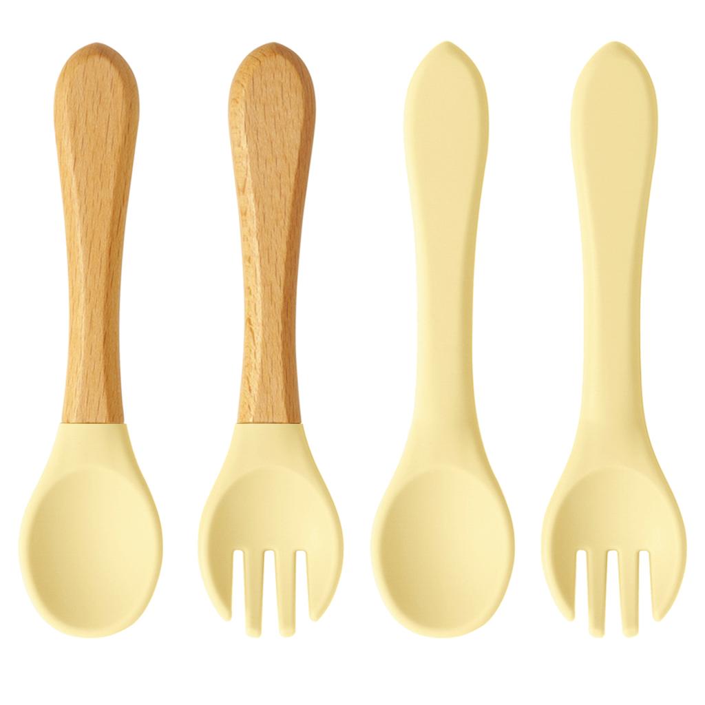 Color Kids 4PCS Silicone Baby Feeding Spoon Fork Set BPA Free Wood Handle Training Utensils For Infants Newborn Accessories