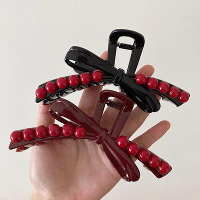 Haarspangen mit großer Schleife für Mädchen, koreanische Haarspangen aus Acryl, rote Perlen, Vintage-Haaraccessoires, Haarspangen für Damen