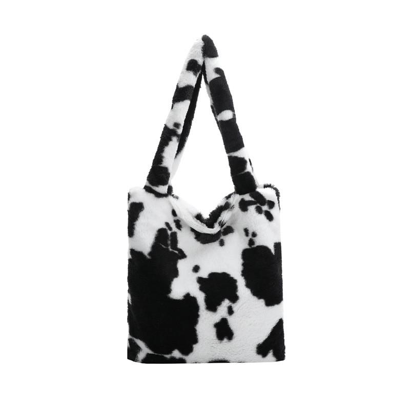 Fashionable Plush Handheld Tote Bag For Women With Luxury Cow Print And Soft Material
