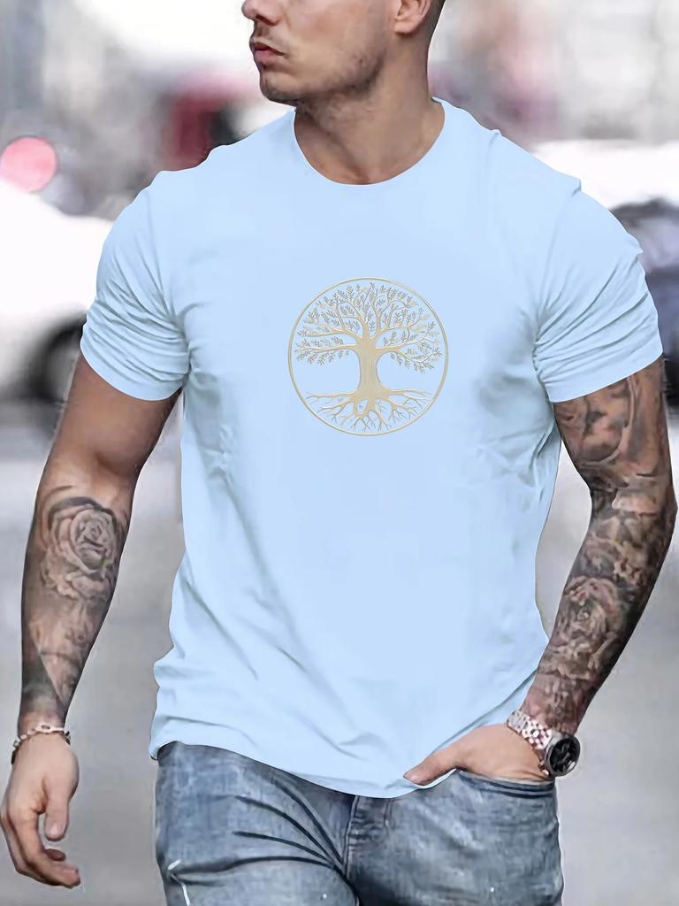 Mens Summer 100 Pure Cotton Fashionable Casual Sports Wide Pine Pattern Printed Sports Round Neck Short Sleeved Tshirt Top