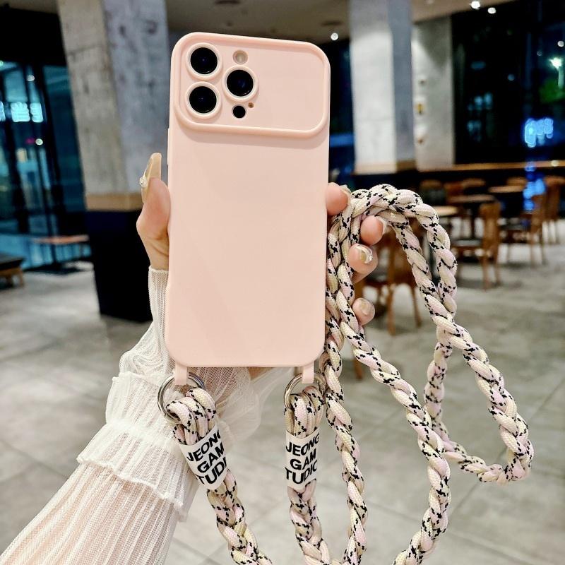 

Braid Lanyard Case For iPhone 16 Pro 14 12 11 13 15 Pro Max Camera Protect Candy Shockproof Crossbody Neck Cord Strap Soft Cover for iPhone 11&hong9