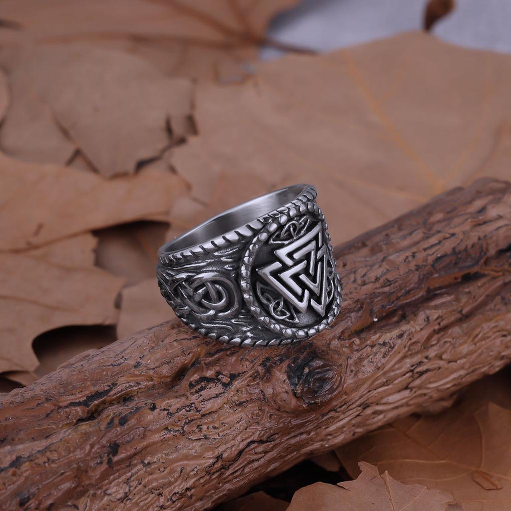 Stainless Steel Nordic Odin Valknut Ring Scandinavian Celts Knot Raven Amulet Jewelry Gift for Men Women