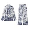 Fashion Style 2024 Autumn New Women's Clothing Slit Design Print Long Sleeves Lapel Shirt Pants 8955174