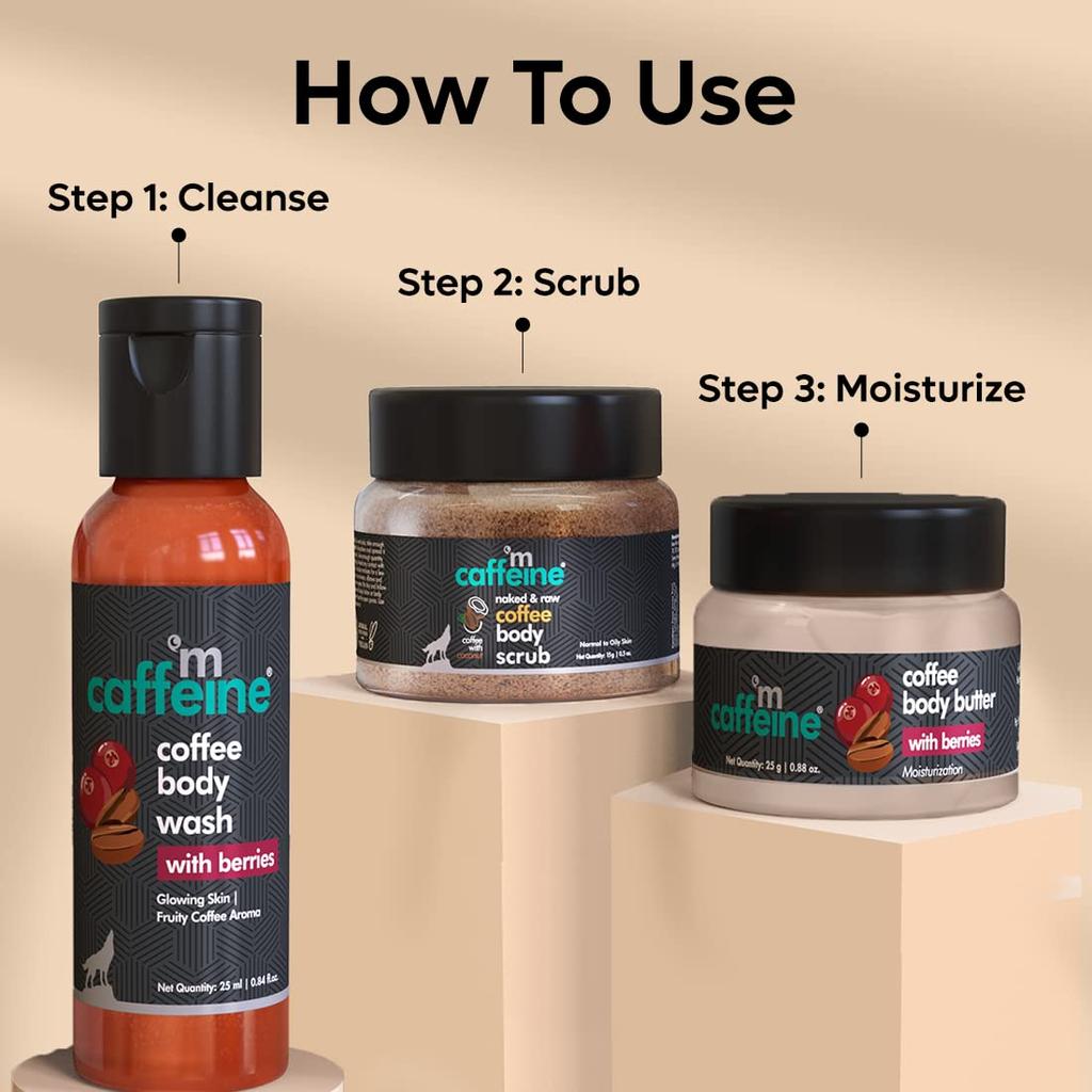 mCaffeine Body Care Gift Set for Women & Men with Berries Body Wash, Scrub & Butter – Hydrating Skin Kit