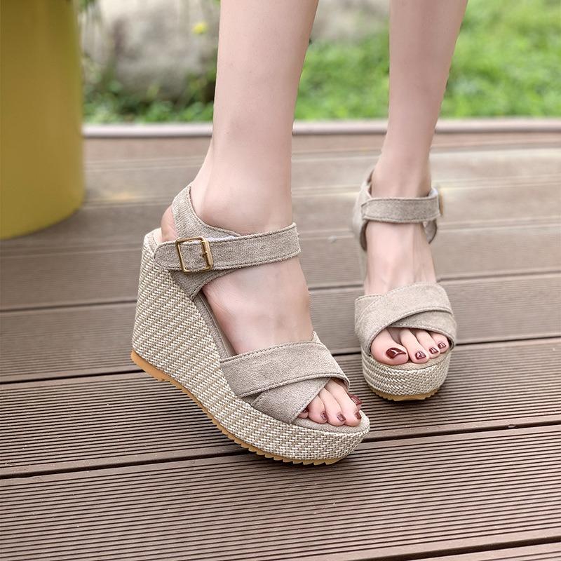 One-word Buckle with Hemp Rope Comfortable Summer New Wedge Heel Sandals Cross Fish Mouth Water Table High Heel Women's Shoes