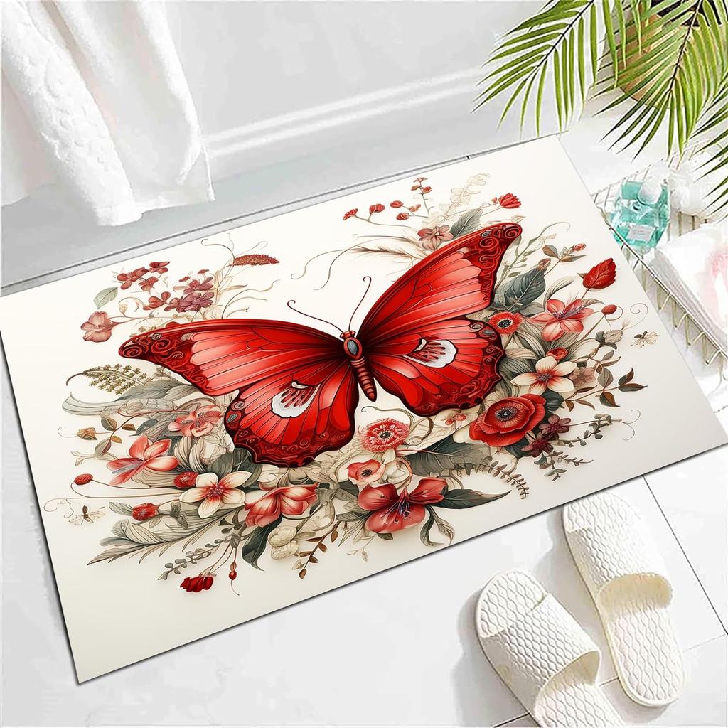 Wild Animal Butterfly Carpet Spring Garden Plant Floral Rug for Bedside Sofa, Botanical Flower Floor Mat Home Entrance Doormat