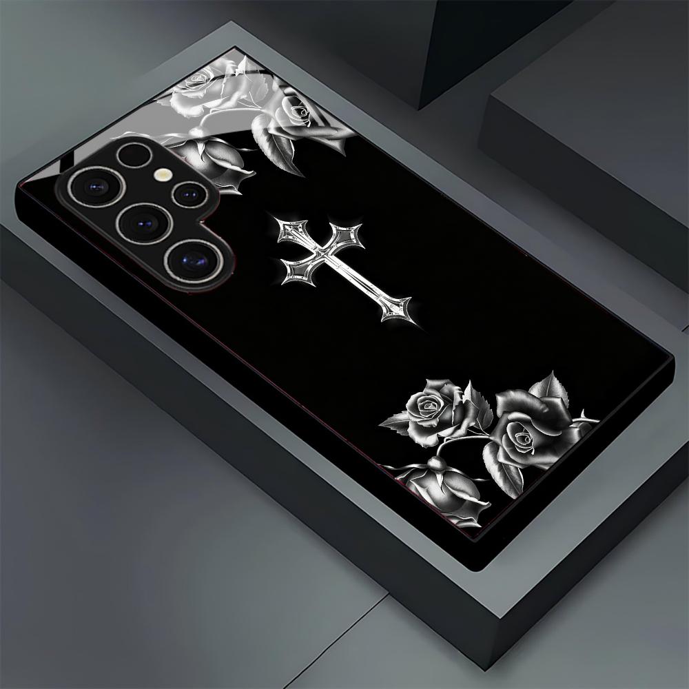 Tempered Glass Phone Case For SamsungGalaxy S26 S21 S22 S23 S24 S25 FE Ultra Plus Fall protective cover Black Rose & Cross