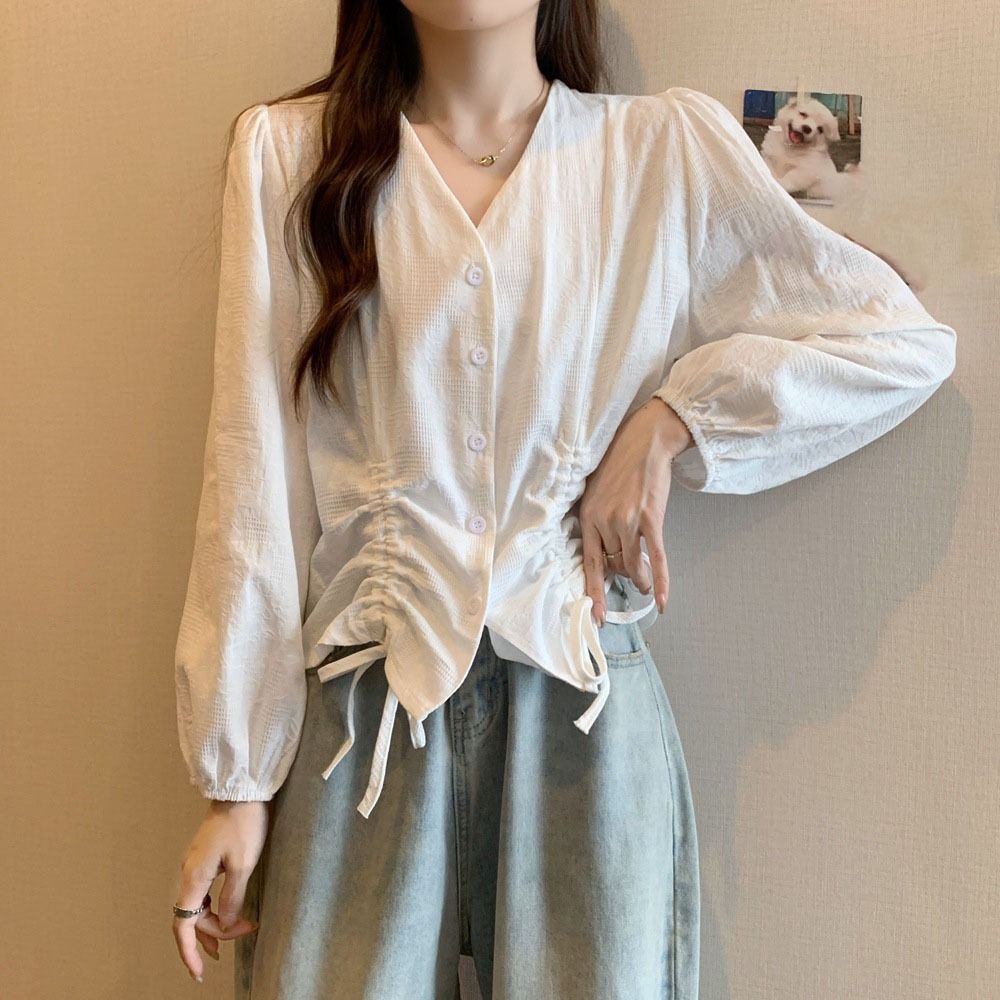 Loose Long Sleeve Shirts V-neck Ladies Shirt Top Sweet Lace-up Drawstring Blouse  Girls