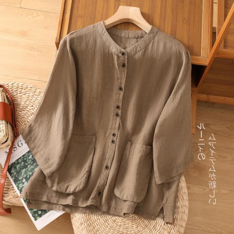 QICED Solid Color Cotton Hemp Seven-point Sleeve Stand Collar Shirt Female Summer Large Size Fat Mm Meat Show Thin Loose Pocket Top