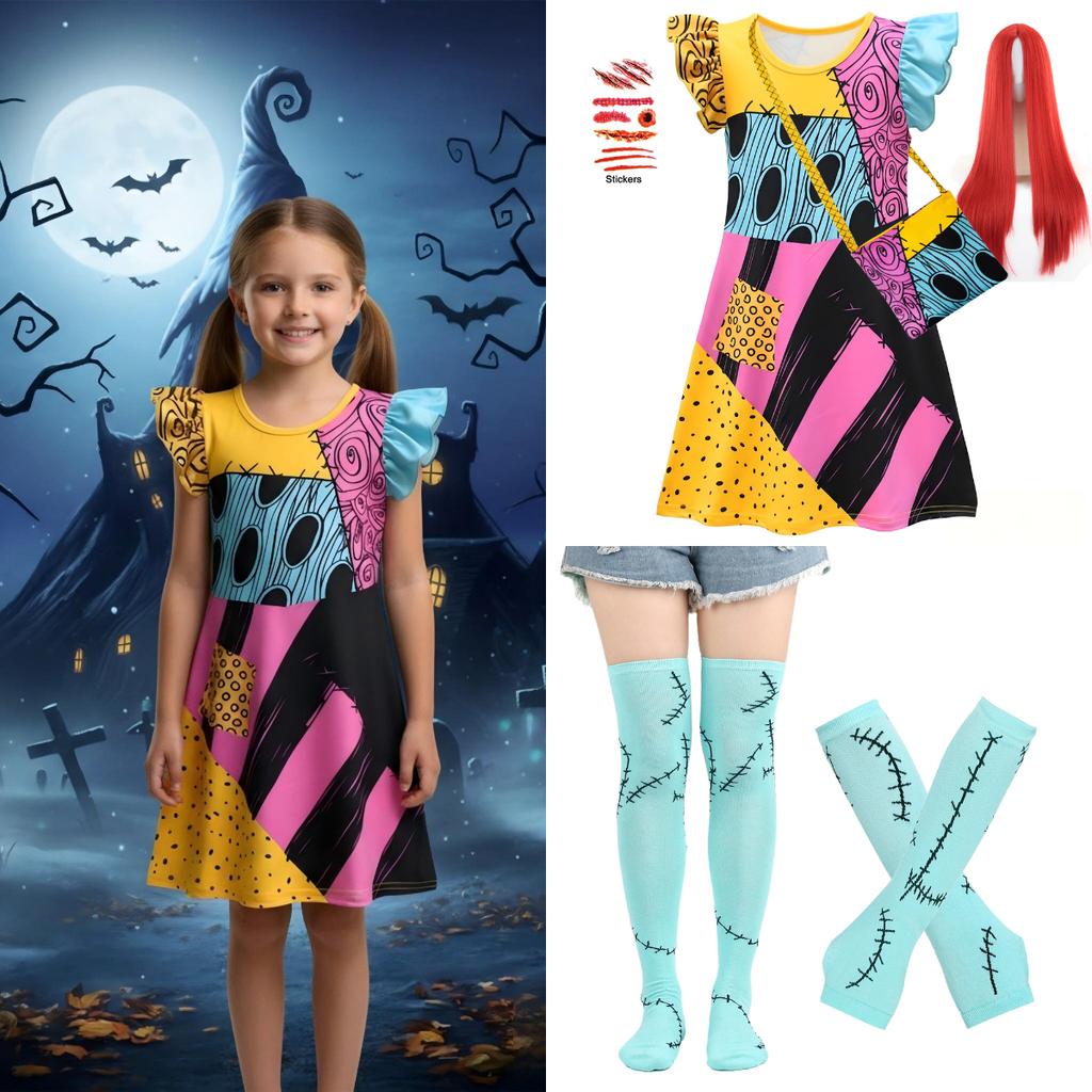 Girls Sally Cosplay Dress The Nightmare Before Christmas Print Gothic Outfit Halloween Carnival Fancy Stage Party Horror Costume