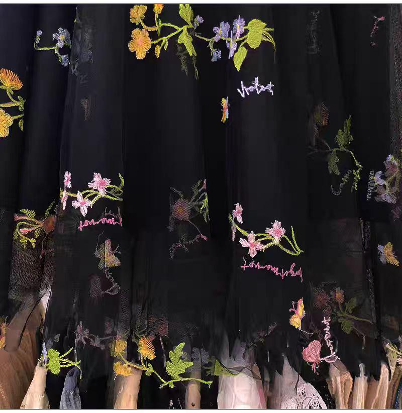 Embroidered Floral Mesh High-Waist A-Line Mid-Length Skirt for Women