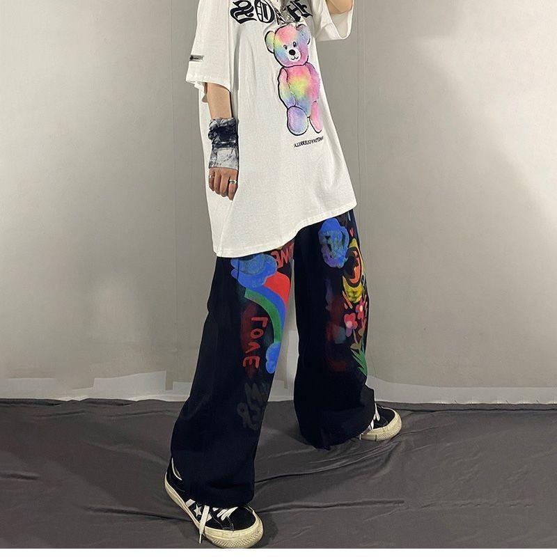 Pantalones Rectos Hip Hop de Dibujos Animados con Graffiti Y2k para Mujer Streetwear Moda Primavera Otoño Nuevos de Letras Holgados Casual Pierna Ancha