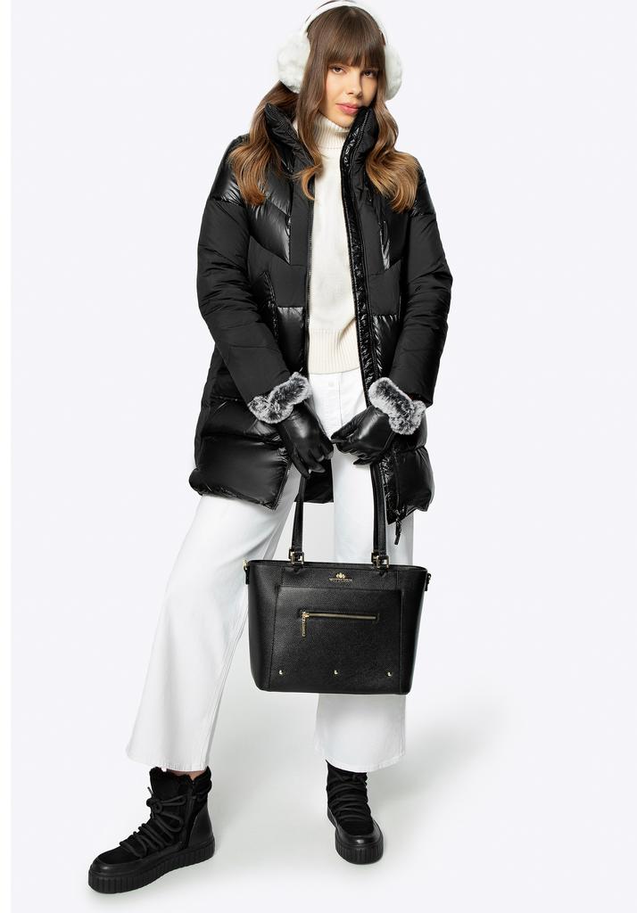 Manteau d'hiver matelassé pour femme Wittchen en matériaux combinés avec capuche, Nylon Noir