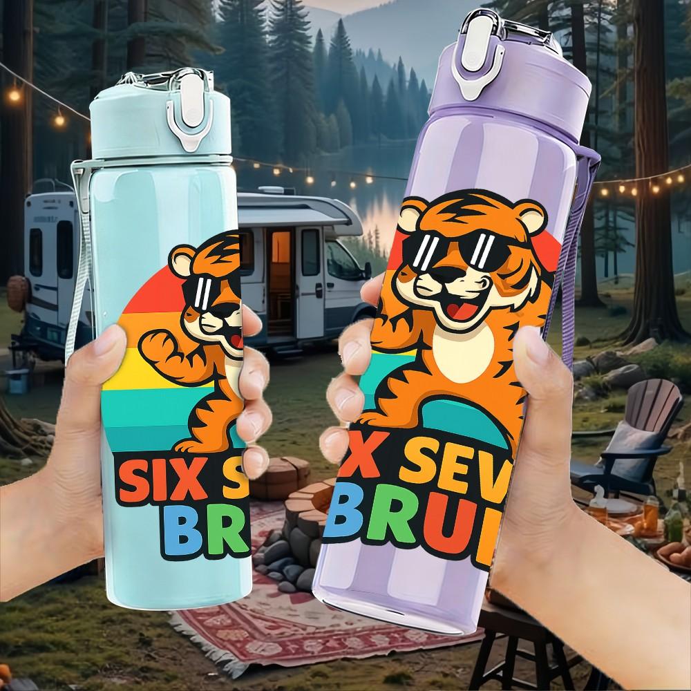 1PC Six Seven Bruh Tiger Letter 750ml Color Plastic Sports Water Bottle Leakproof Flip Straw Lid Suitable for Sports Office Home Use