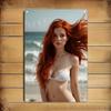 HD Metall Blechschild Atemberaubendes Rothaariges Model im Weißen Bikini Strand Retro Metall Wandkunst x Zoll