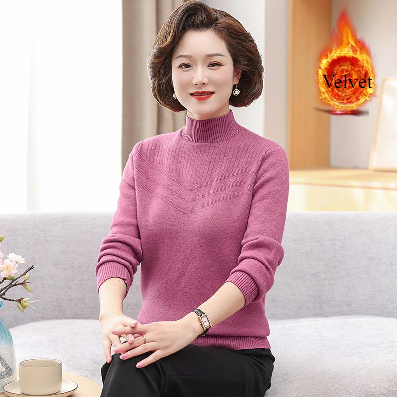 

Зимний флисовый вязаный свитер для женщин среднего возраста, теплая одежда плюс бархатная толстая нижняя рубашка L розовый